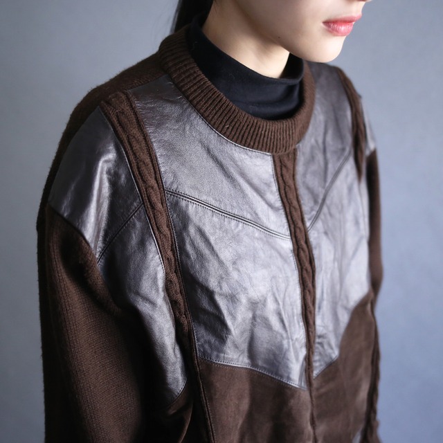 real leather switching and 3D cable knit design loose silhouette sweater