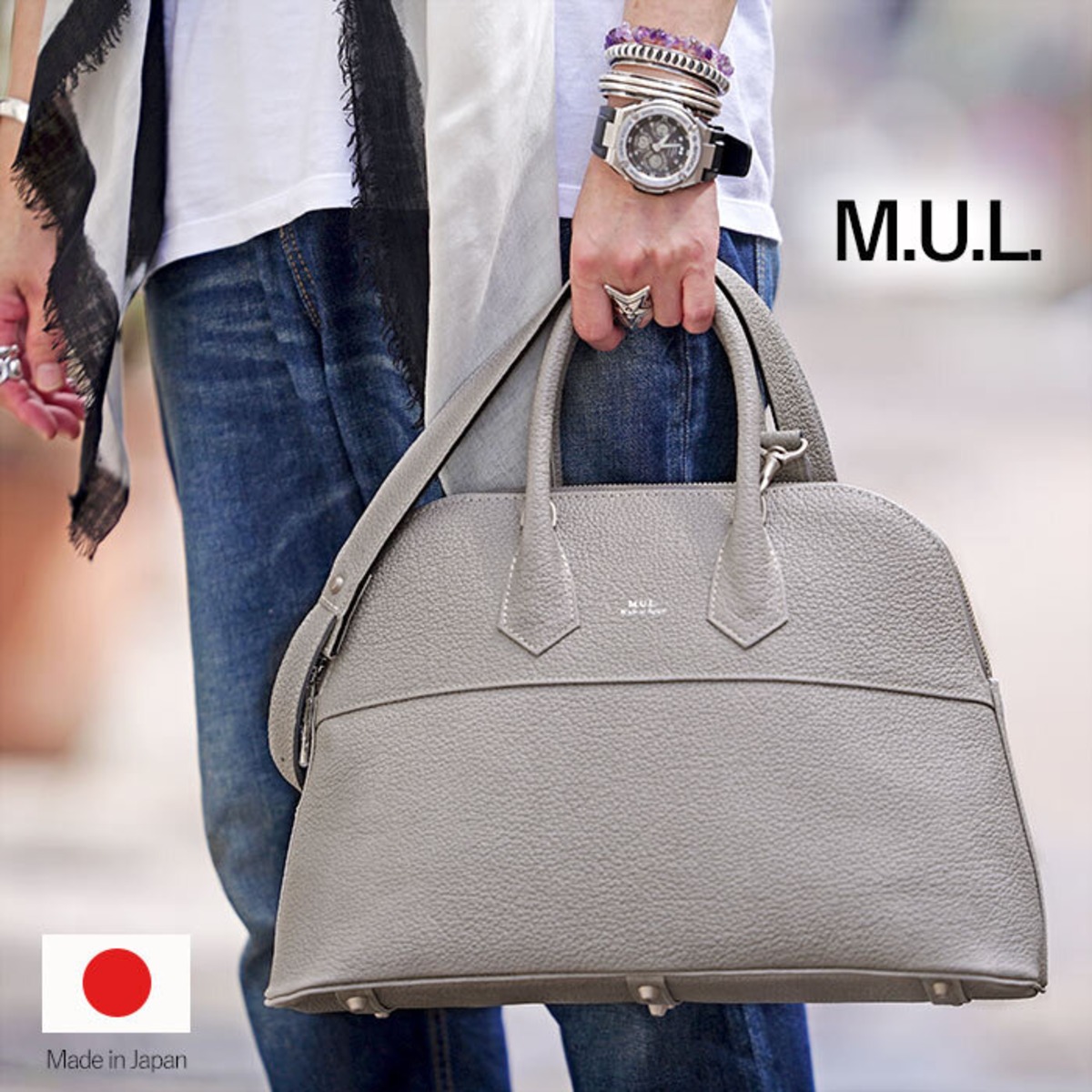 M.U.L. MUL079 round tote M ラウンドトート シボ型押し アイスグレー 