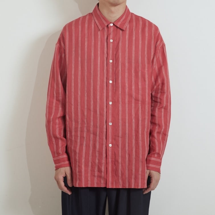 LINEN STRIPE BIG SH / リネンストライプBIGシャツ(RED) | KICS
