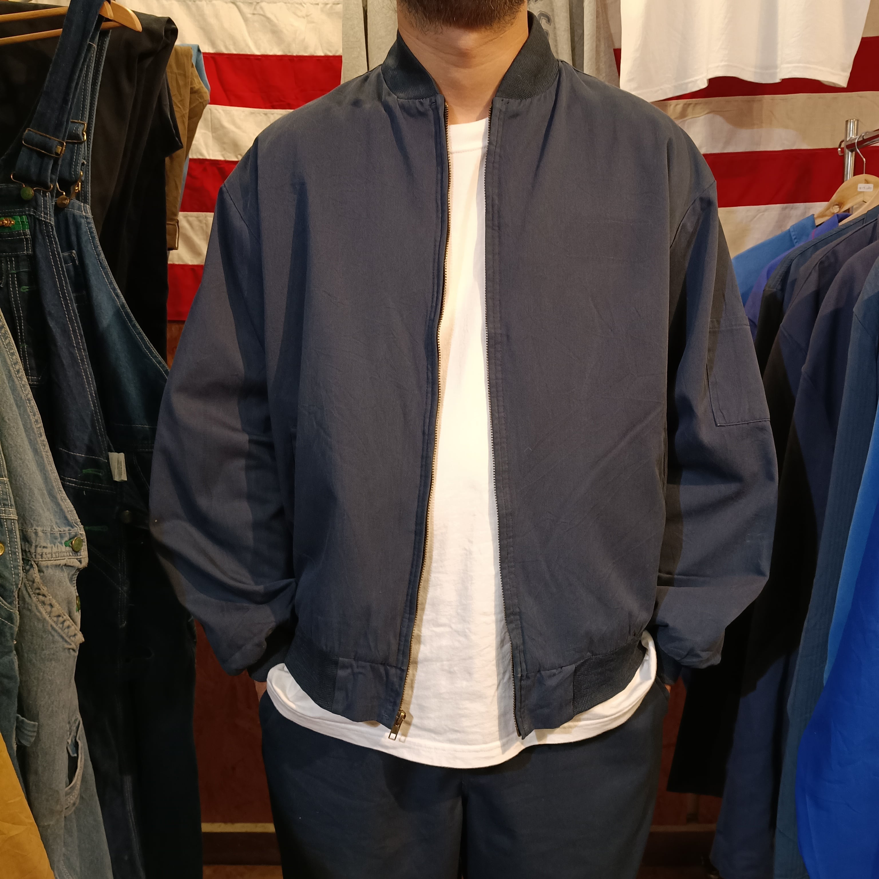 Used ジャケット◆XL ARAMARK 襟無し ワークジャケット ネイビー ジップ◆USA古着 ヴィンテージ
