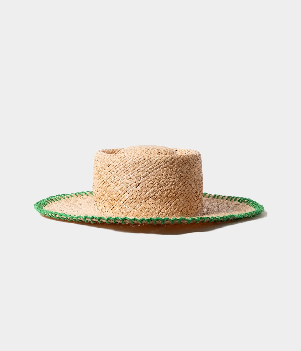 EX.PORK PIE HAT -RAFFIA BRANKET STITCH- GREEN