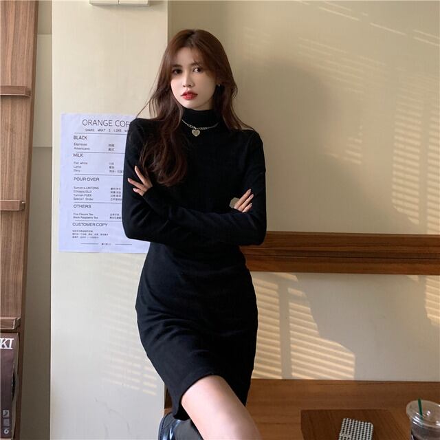 ブラック ワンサイズ レディース ミニワンピース きれいめ Aライン ハイウエスト スカート 長袖 無地 細見え スリム ワンピース Katidoki Story