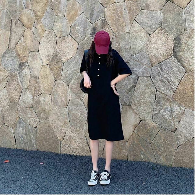 ポロワンピース レディース ポロシャツ 無地 半袖 ポロワンピ ポロシャツワンピース ゆるカジ ゆったりウエスト ミディアム丈 お出かけ デート 普段着 全2色 Ukiukionepicec