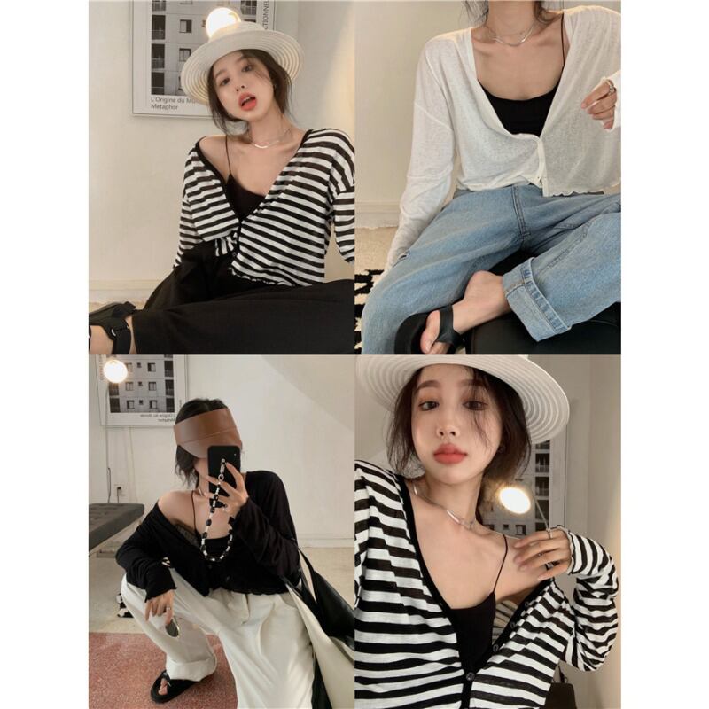 ブラックホワイトストライプTシャツ レディースルーズVネックカーディガンサマー薄手トップス ロング 夏物 シルク ブラックストロベリース4590836257