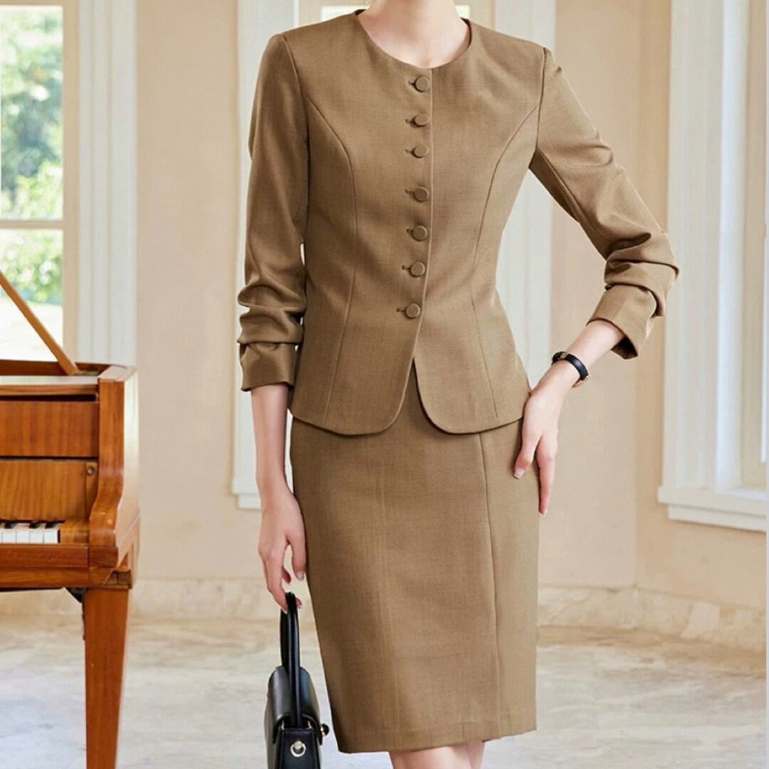 Fabric covered button collarless waist jacket and skirt setup 00086
