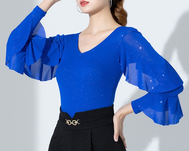 フレアスリーブ Vネック フリル ダンストップス （レオタードタイプ選択可） ds1106