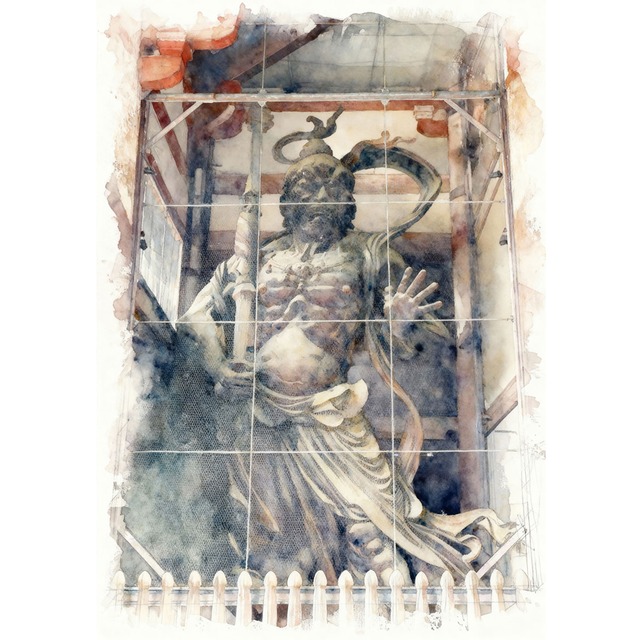 絵画 風景画(街並み) 日本 奈良県 東大寺南大門 金剛力士像 吽形 インテリアアート額付き 水彩画・油絵風 WAT1577