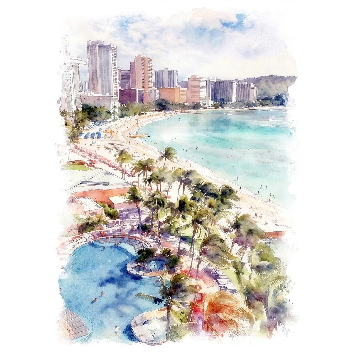 絵画 風景画 アメリカ ハワイ ワイキキビーチ インテリアアート額付き 水彩画・油絵風 WAT1599