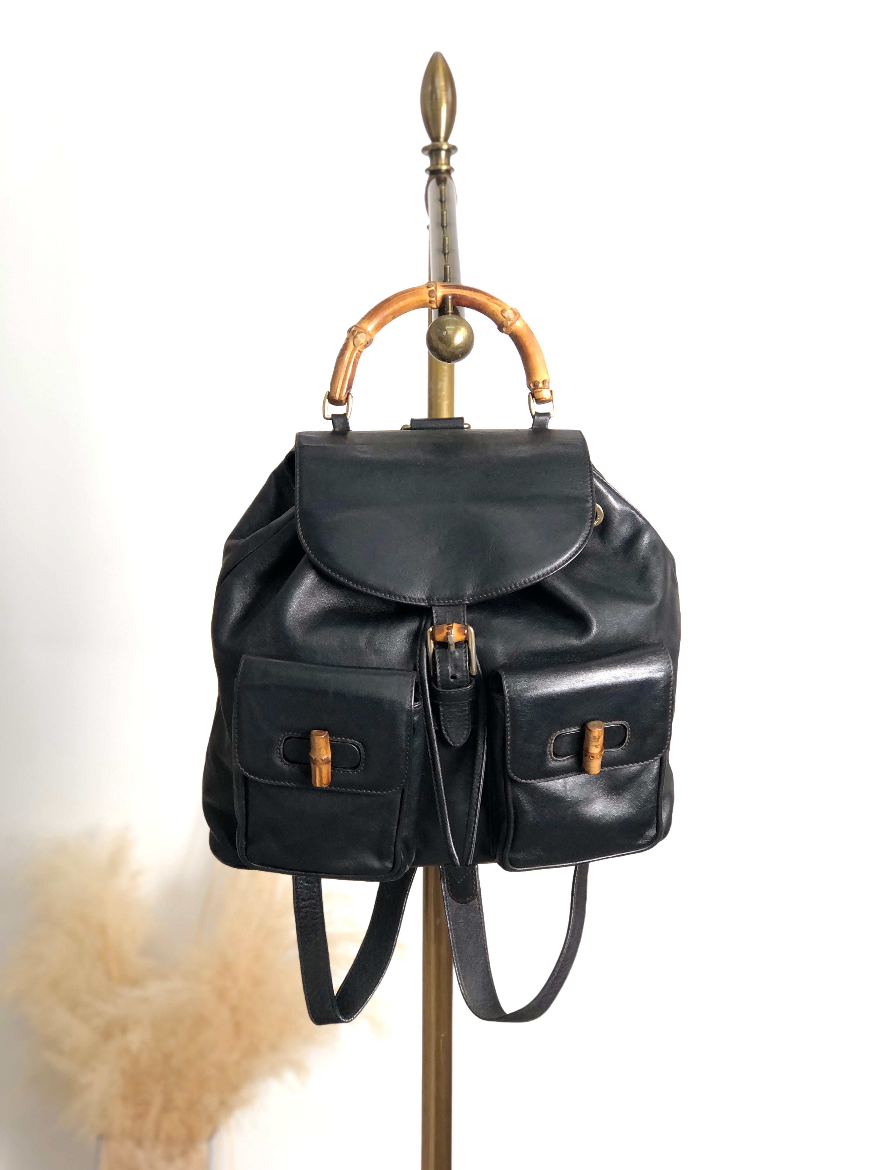 GUCCI グッチ バックパック ブラック バンブー レザー ダブルポケット リュック vintage ヴィンテージ オールド thtsm7