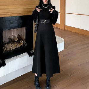 ロングワンピース ベルト飾り 長袖 レディース 春秋 韓国 ワンピース おしゃれ きれいめ 大人 カジュアル フレア ハイウエスト ウエストマーク 上品 体型カバー Aライン 大人可愛い 大人女子