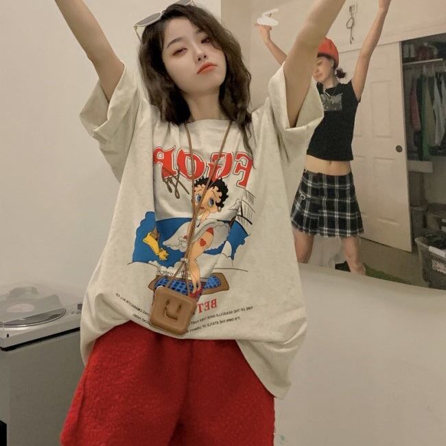 ビッグTシャツ レディース 韓国 プリント キャラ デザイン 半袖 T