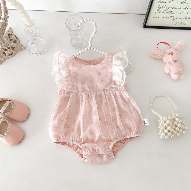 【BABY】ピオニーフラワーフリルノースリーブロンパース - 4
