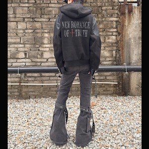 PU切り替えフーデッドブラックマットジャケット（ruf_02742）