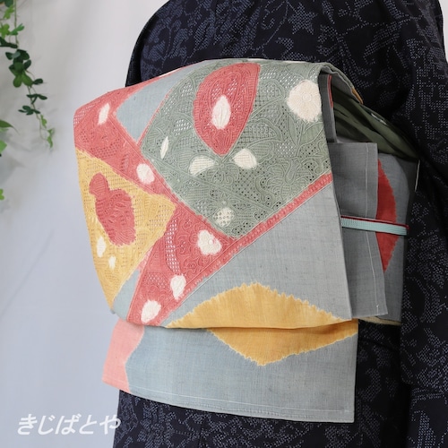 正絹紬　春色の刺繍と絞りのなごや