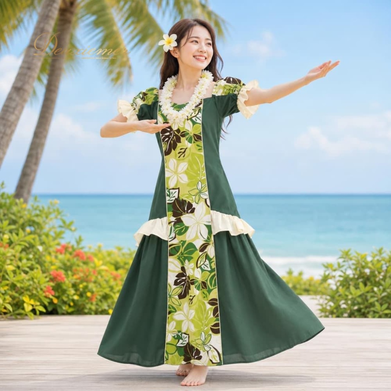 フラダンス 衣装 ALOHA STANDARDS アロハスタンダード ワンピース ドレス グリーン系 日本製 フリル パフスリーブ 花柄 葉っぱ柄 かわいい 華やか 鮮やか 明るい 緑 白 茶 ハワイアン アロハ ダンス レッスン 練習 ホワイト系 ブラウン系