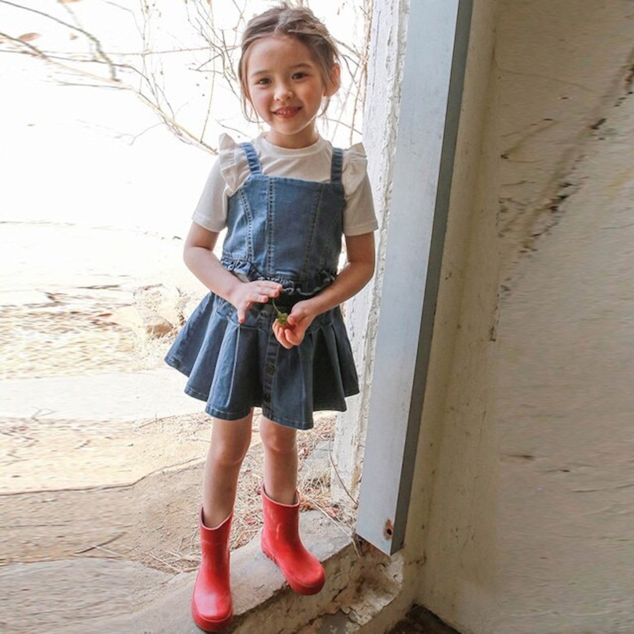 夏ボタン付きデニムプリーツインパンスカート