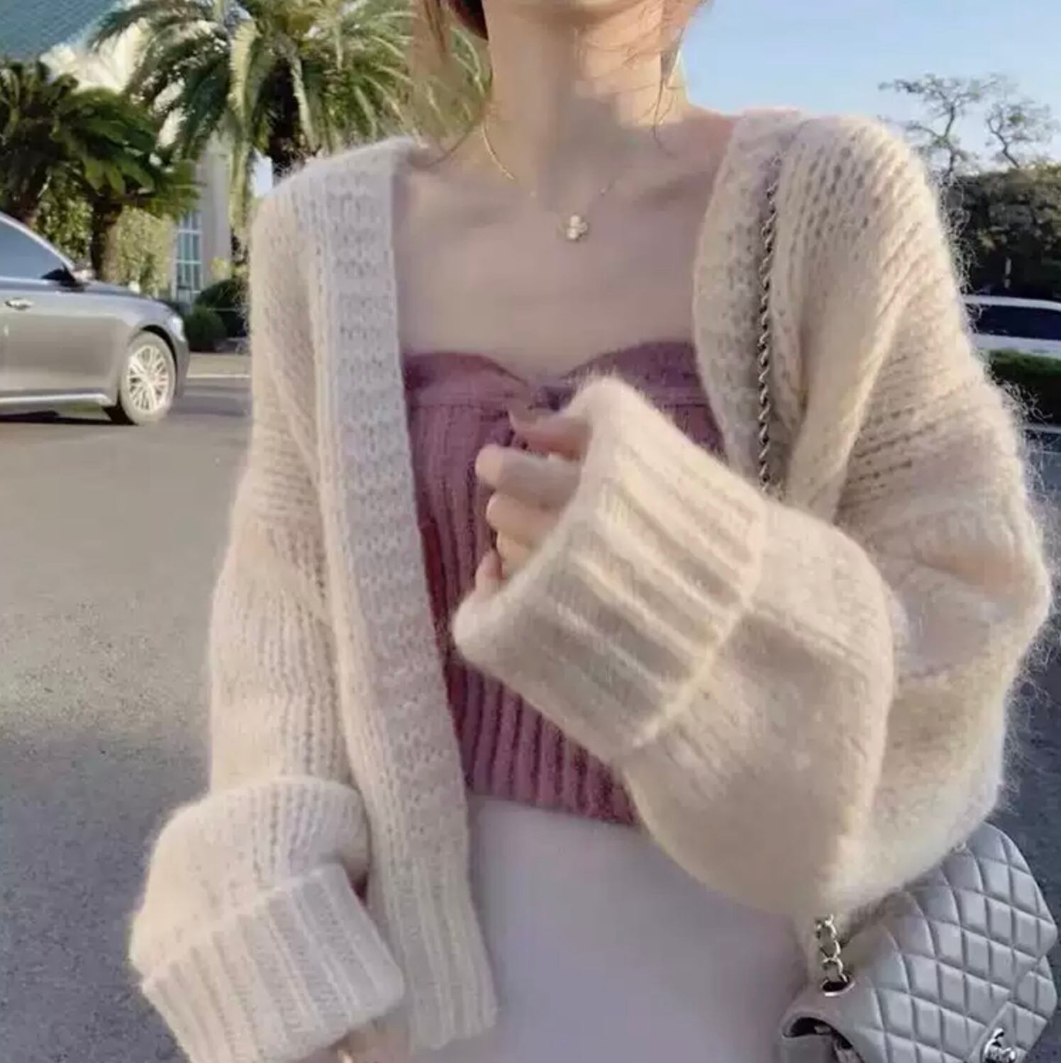 女っぽ 2点セット チューブトップ ニット カーディガン くすみカラー フェミニン 大人女子 ゆったり 肌見せ セクシー アンニュイ Lamitte Deco トレンド 韓国ファッション ショップ Base店