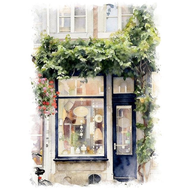 絵画 オランダ 風景画(街並み)  マーストリヒトのインテリア雑貨店 インテリアアート額付き 水彩画・油絵調 WAT0490