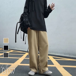 【韓国メンズファッション】ワイドレッグ ストレートパンツ ドレープ 無地 ドロストウエスト シンプル ゆったり カジュアル BW2069