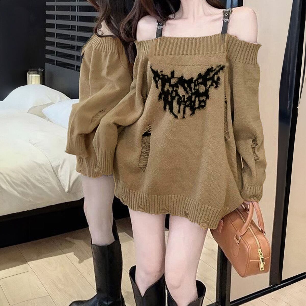 オフショルダー ミニワンピース ニット ダメージ加工 レディース 春秋冬 韓国 ワンピース オフショル ストリート 原宿系 大人 カジュアル レトロ おしゃれ レザーストラップ チュニック ミニワンピ 大人可愛い 大人女子