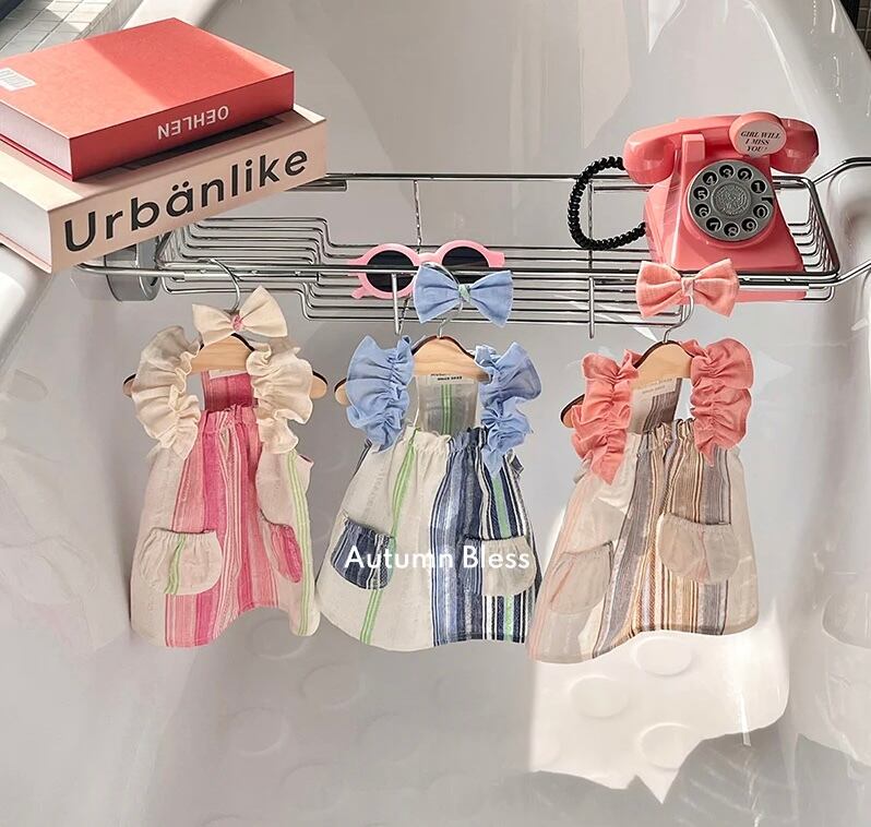 《予約》AB0004 Bless Cotton Linen Ruffle Sleeve Pocket Dress for Small Dogs