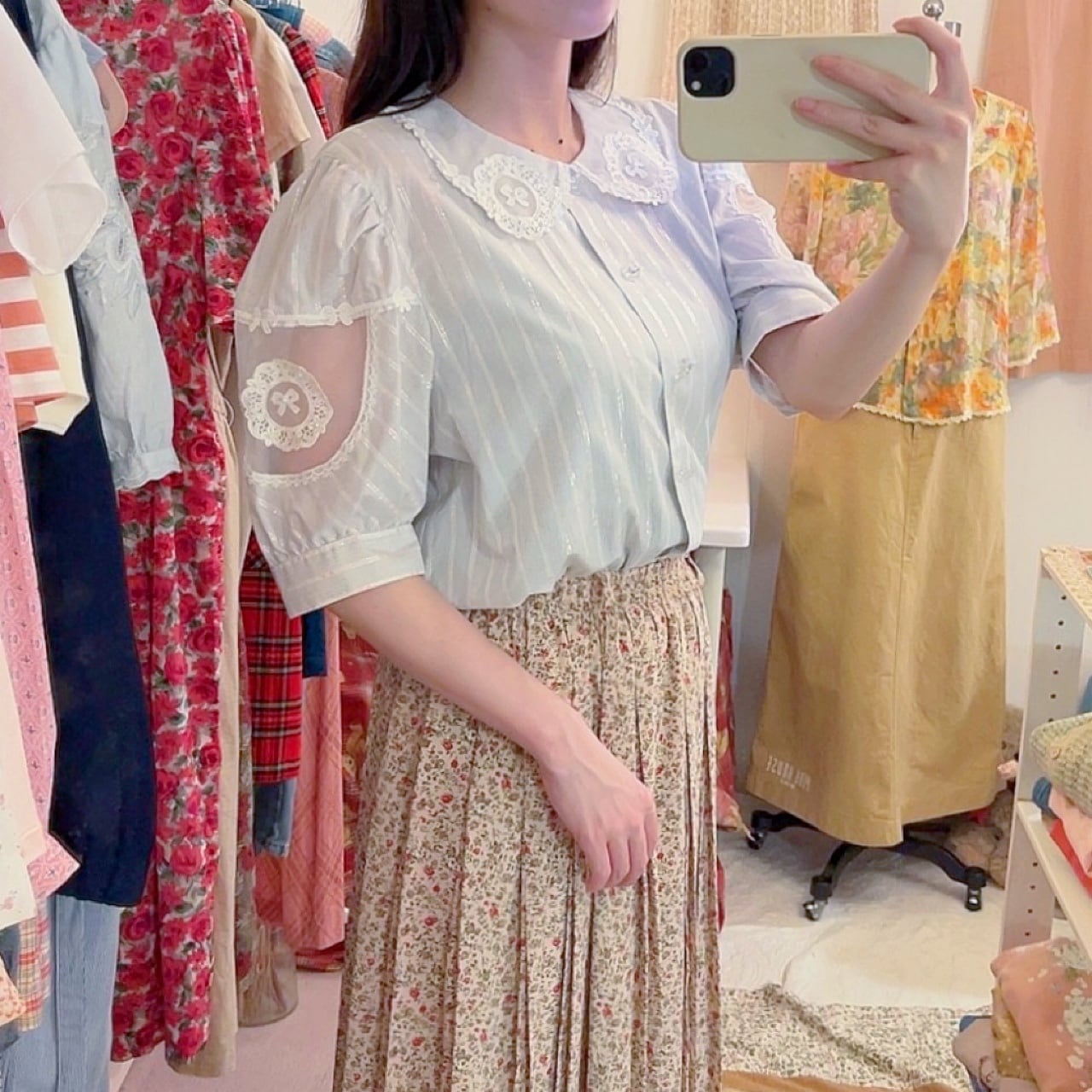 ribbon lace collar stripe blouse