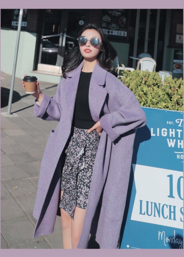キレイ色超ロングコート テーラードカラー ラベンダー 紫 レディース アウター コート 女優 お嬢様 大人 きれいめ 韓国 ファッション 秋服 冬服 大人 可愛い かわいい オシャレ おしゃれ きれいめ フェミニン キュート Ol 通勤 1367 Sayurio レディースアパレル