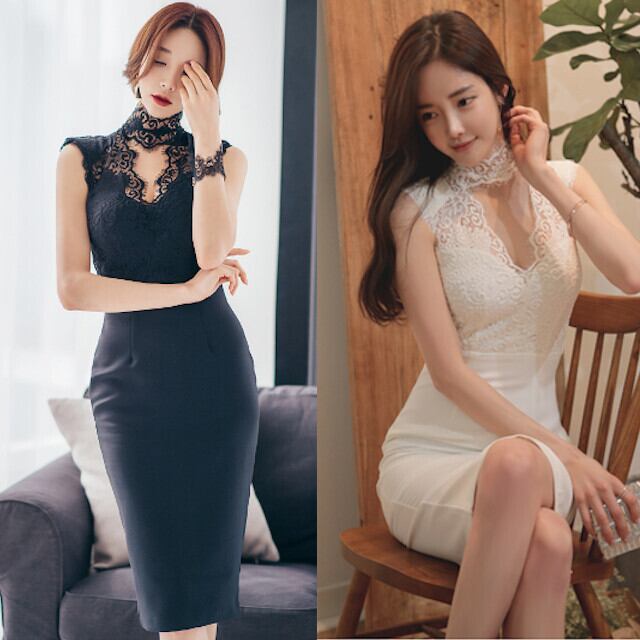 ワンピースドレス レディース オケージョンワンピ ハイネック レース タイト ノースリーブ ミディ丈 ブラック/ホワイト S/M/L