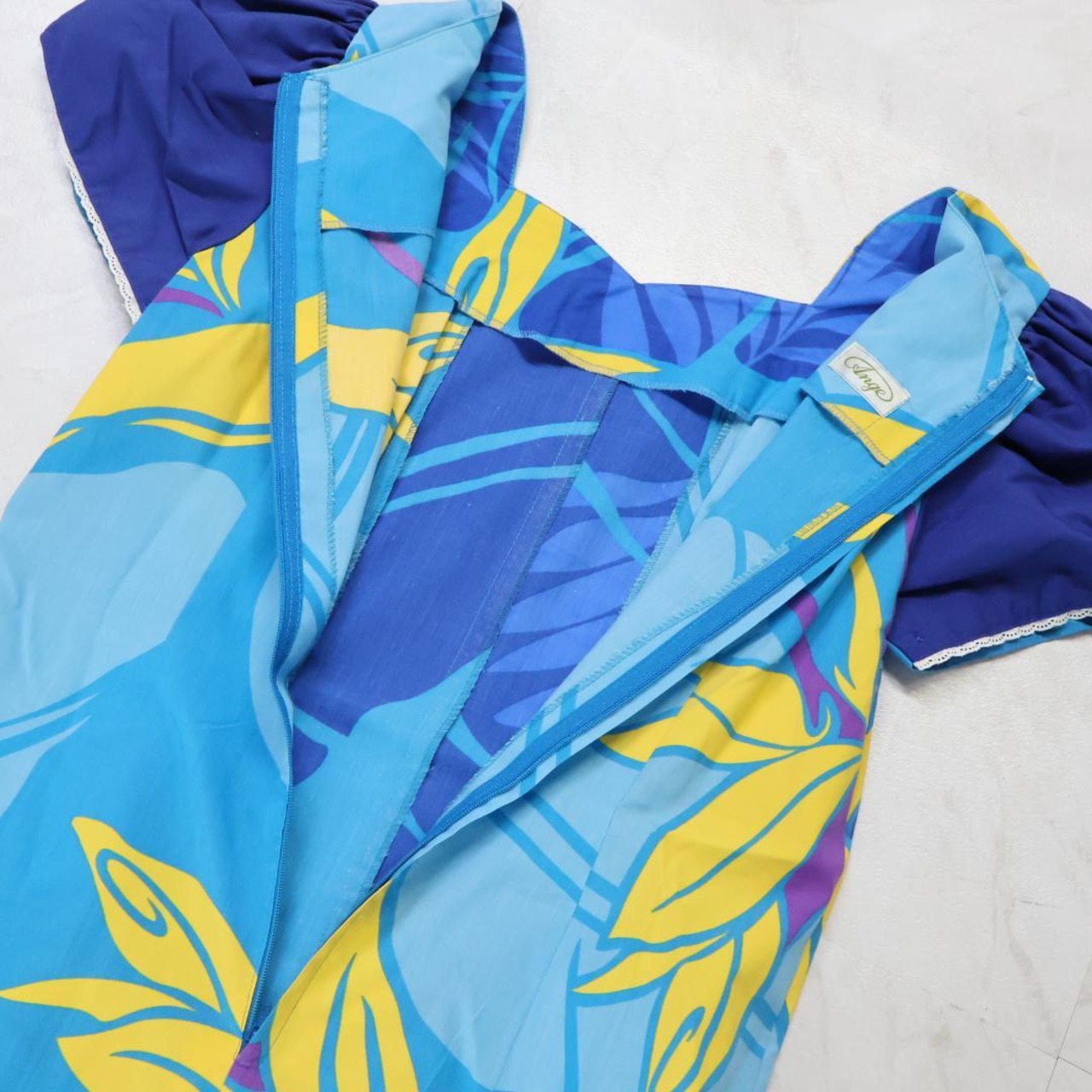 【フラダンス衣装】ブルー Ange ワンピース ドレス 青 水色 黄色 イエロー 半袖 レース 爽やか ふんわり ハワイアン かわいい