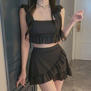 水着 レディース ビキニ スイムウェア タンキニ ショートパンツ スカパン セパレート フリル 体系カバー水着 上下セット 2点セット 大人可愛い きれいめ シンプル 大人っぽい おしゃれ 女っぽ 無地 春 夏 海 ビーチ プール リゾート 旅行 スポーツ 体系カバー 美スタイル 送料無料 M L XL ブラック