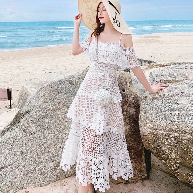 ワンピース 白 ワントーン レース オフショルダー 花柄 切り替え ハイウエスト 脚長効果 スタイルアップ バッグジップ 大人 エレガント きれいめ 清楚 可愛い オシャレ お出かけ 夏 ビーチ リゾート 南国 バカンス デート Sea Sign Post