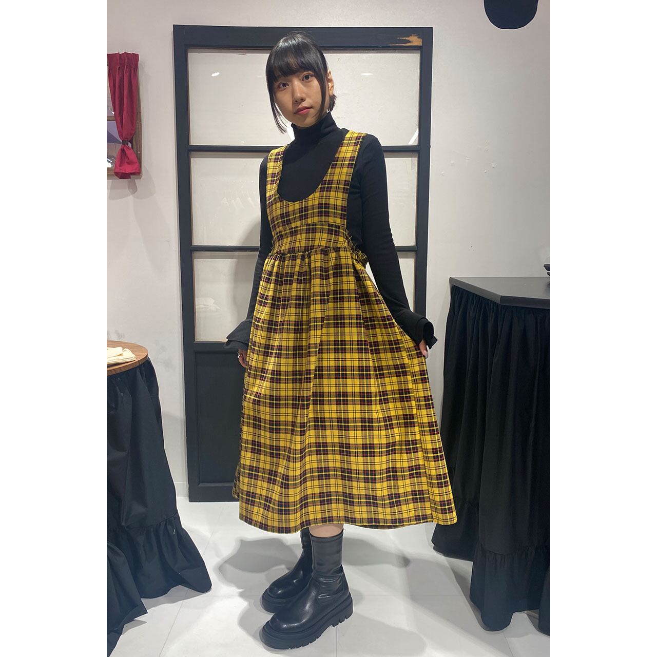Front Ribbon Sleeveless Onepiece (Yellow Check / Long丈 Front Ribbon Sleeveless Onepiece (Yellow Check / Long丈