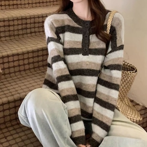 ハーフボタンボーダー柄ニット ・10093 ハーフボタンボーダー柄ニット ・10093