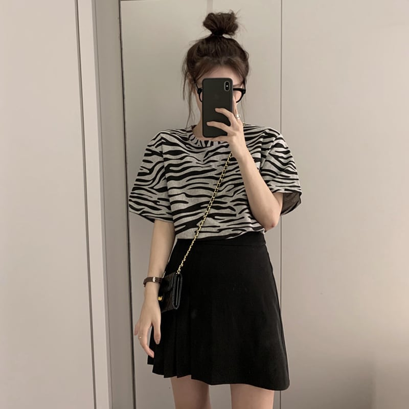 サマースタンダードプリント柄Tシャツ ハイウェストウェストスカート レッド レトロ 夏物 スーパーモール1010873967