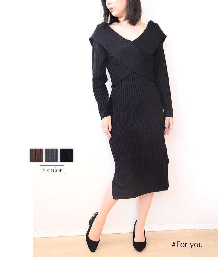 フロントクロスデザインのタイトニットワンピース_e0002110008