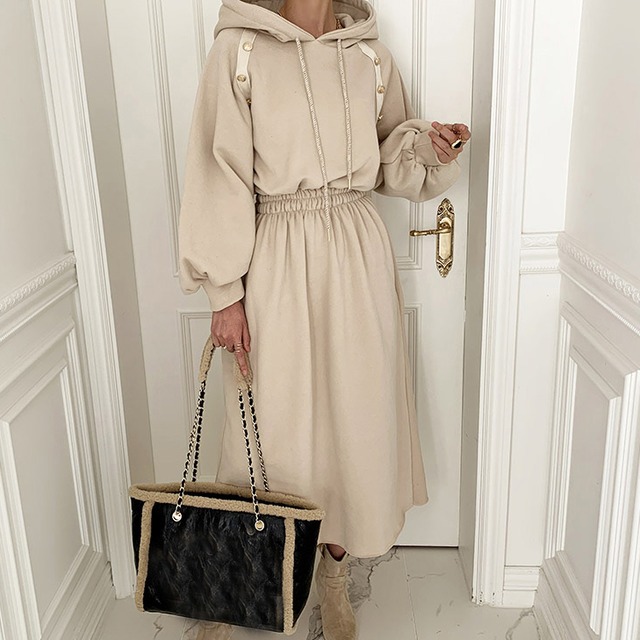 スウェットワンピース ロング フード ウエストゴム スウェットオールインワン ワンピース 春 夏 長袖 ボリューム袖 スポーティー カジュアル 韓国 デイリー 楽ちん ゆったり グレー ベージュ Rx1101 Raxia ラクシア