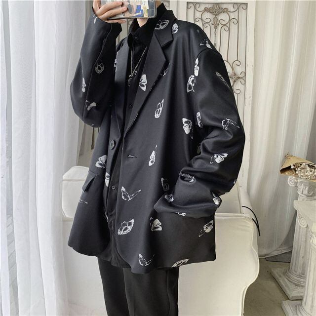 【予約販売】ジャケット メンズ 蝶柄 バタフライ ブラック ホワイト 個性的 こなれ感 お洒落 パーティー 結婚式 二次会 パーティー エレガント カジュアル 韓国 トレンド 春 S/M/L/XL/2XL/3XL/4XL/5XL