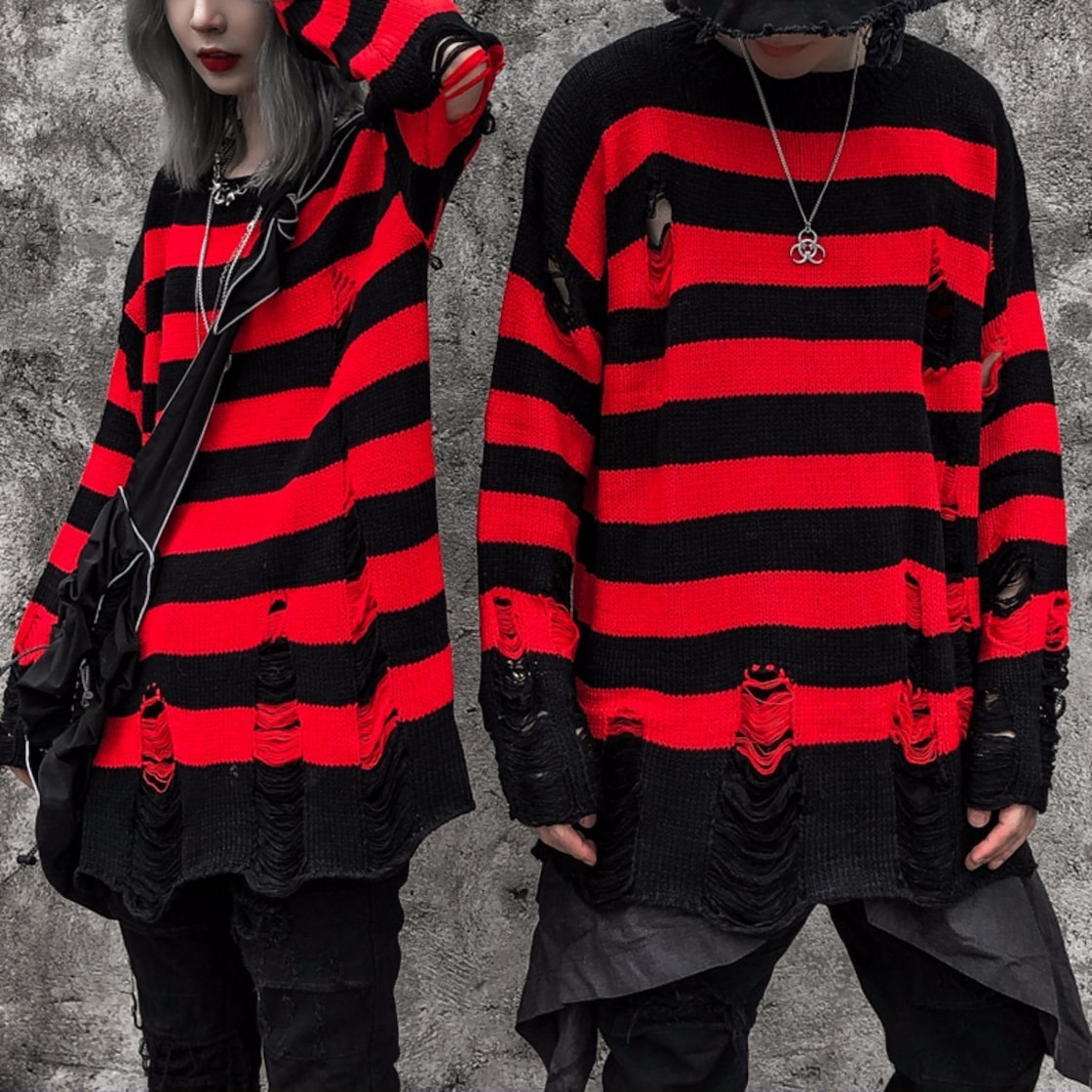 ユニセックス ボーダー ダメージ加工 クルー ニットセーター 韓国  