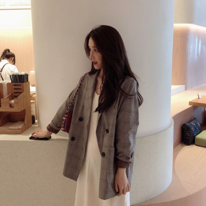 スーツのツーピースドレス。 2020年秋新しいルーズカジュアルチェック柄スーツニットバックサスペンダースカート クレセントシティ46056449147