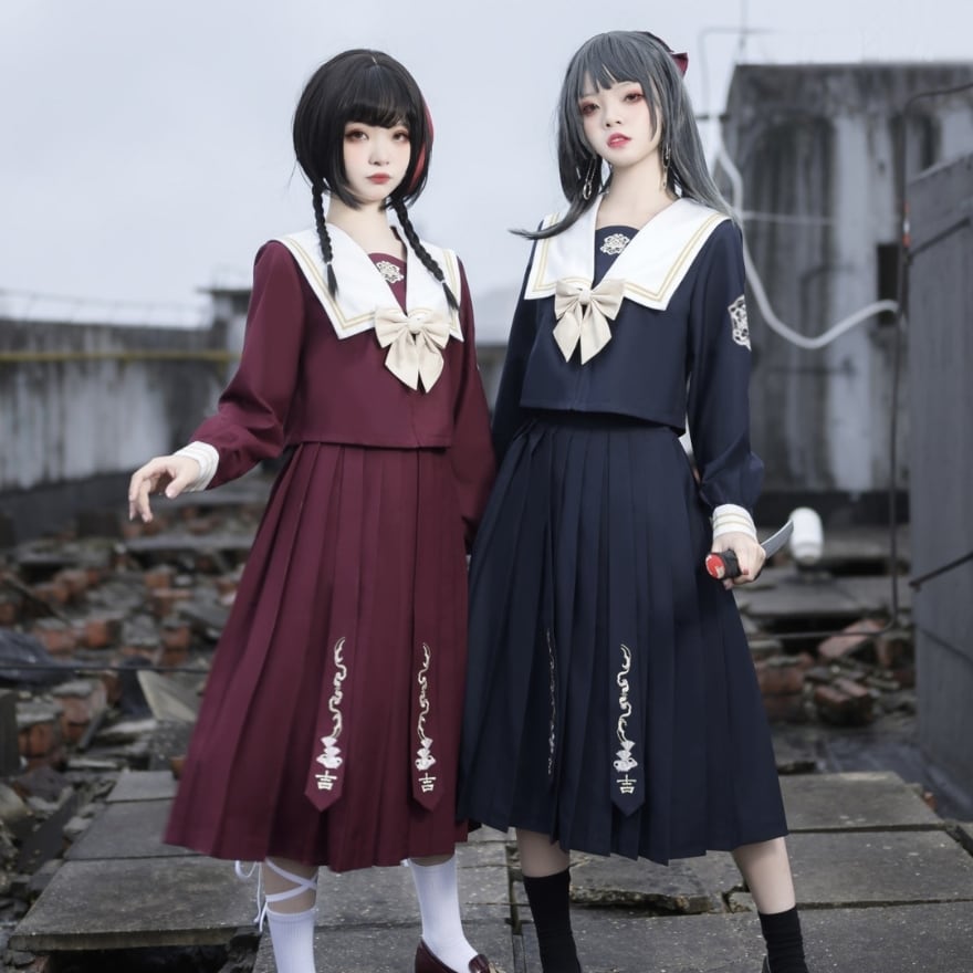 セーラー服 上下セット ロング丈 プリーツスカート 刺繍 ZIPアップ