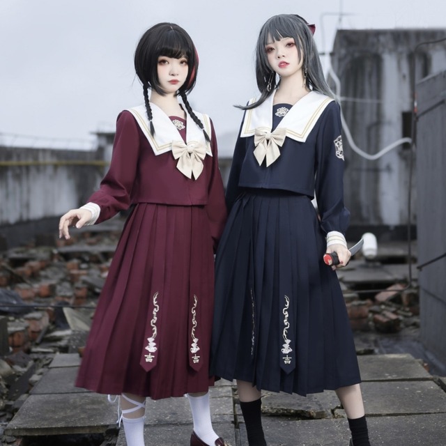 セーラー服 上下セット ロング丈 プリーツスカート 刺繍 ZIPアップ ダーク 不良少女 闇かわいい  系｜天使と悪魔