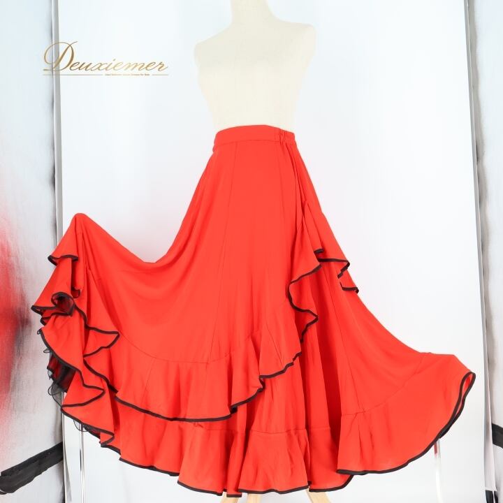 フラメンコ 衣装 ファルダ スカート 赤 黒 無地 ボランテ フリル