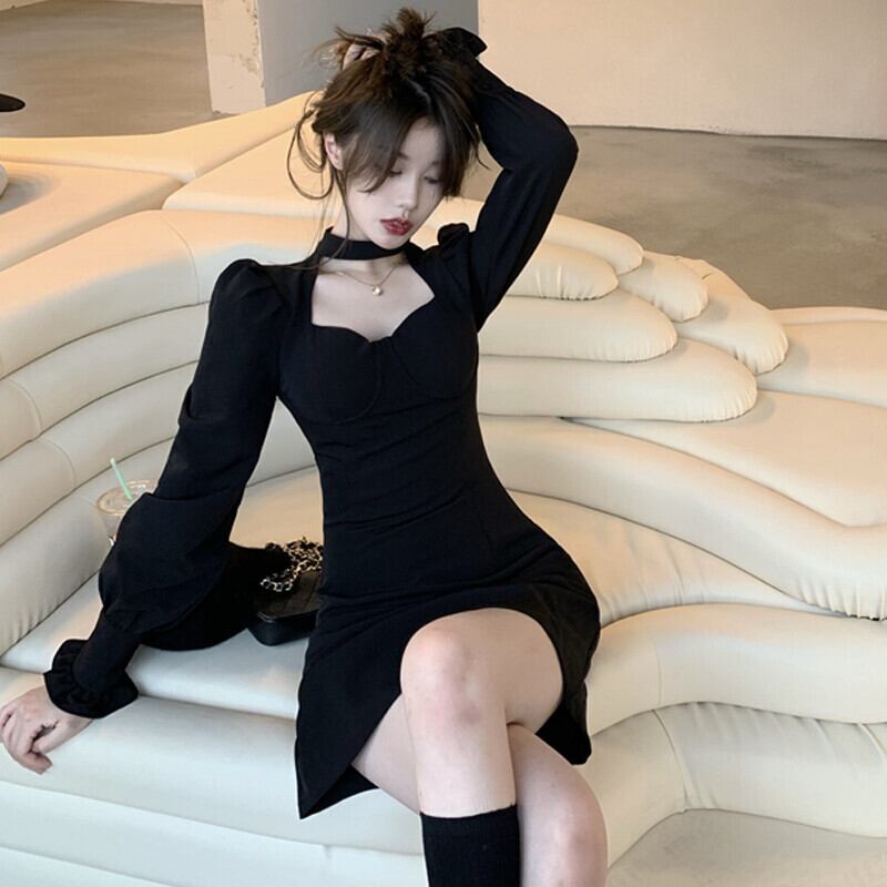 スリーブドレス オータムブラックハイウェストウェスト薄手Aラインスカート 大人ガーリー スウィート キュート カジュアル 秋物 ガールズファッション97422194224