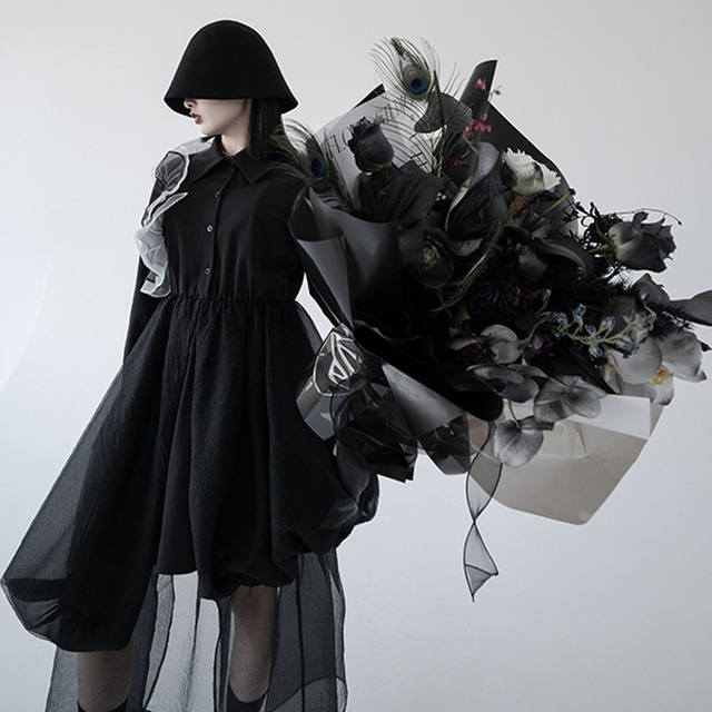 サブカル 服 地雷系 通販 ワンピース メッシュ レイヤード シアー アシンメトリー 大人ゴシック きれいめ 闇かわいい