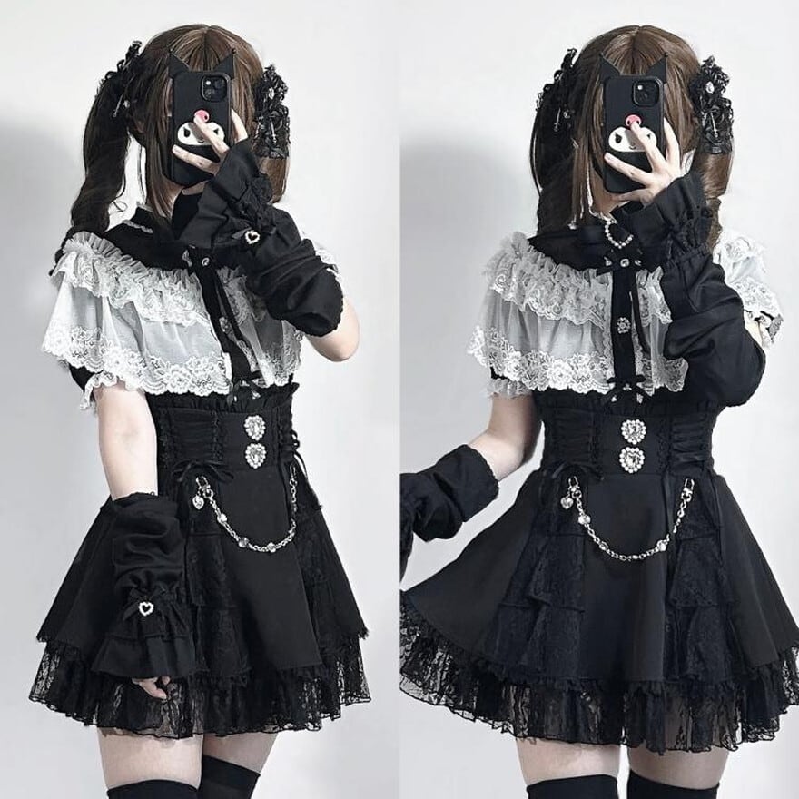 With U ゴスロリ 地雷系 甘辛MIX ブラウス レース 継袖付き