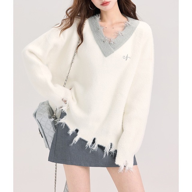damage fringe v-neck fluffy knit m0863