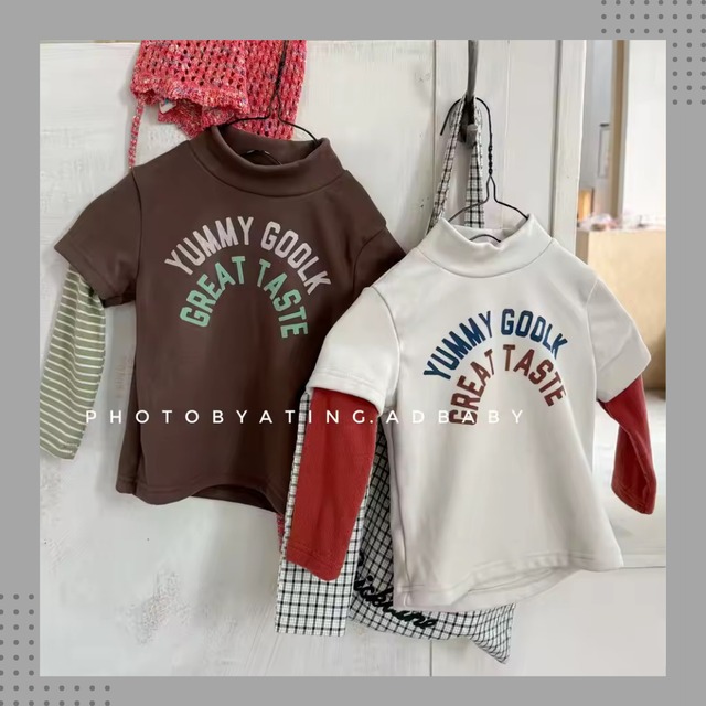 レタープリント重ね着風タートルトップス