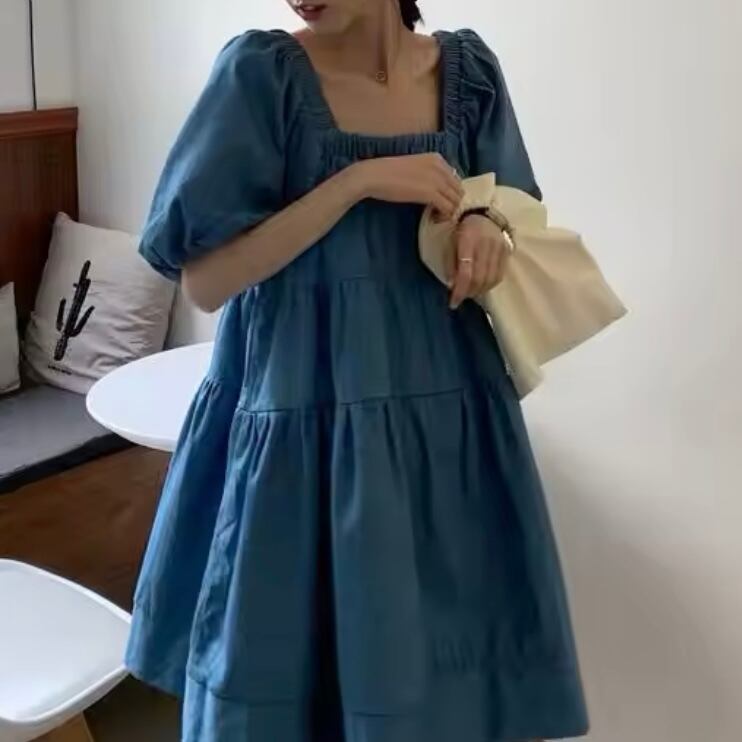 スクエアネックデニムティアードミニワンピース