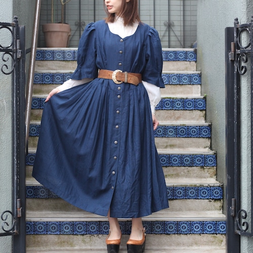 *SPECIAL ITEM* EU VINTAGE METAL BUTTON NAVY COLOR LINEN TYROLEAN ONE PIECE/ヨーロッパ古着メタルボタンネイビーカラーリネンチロリアンワンピース