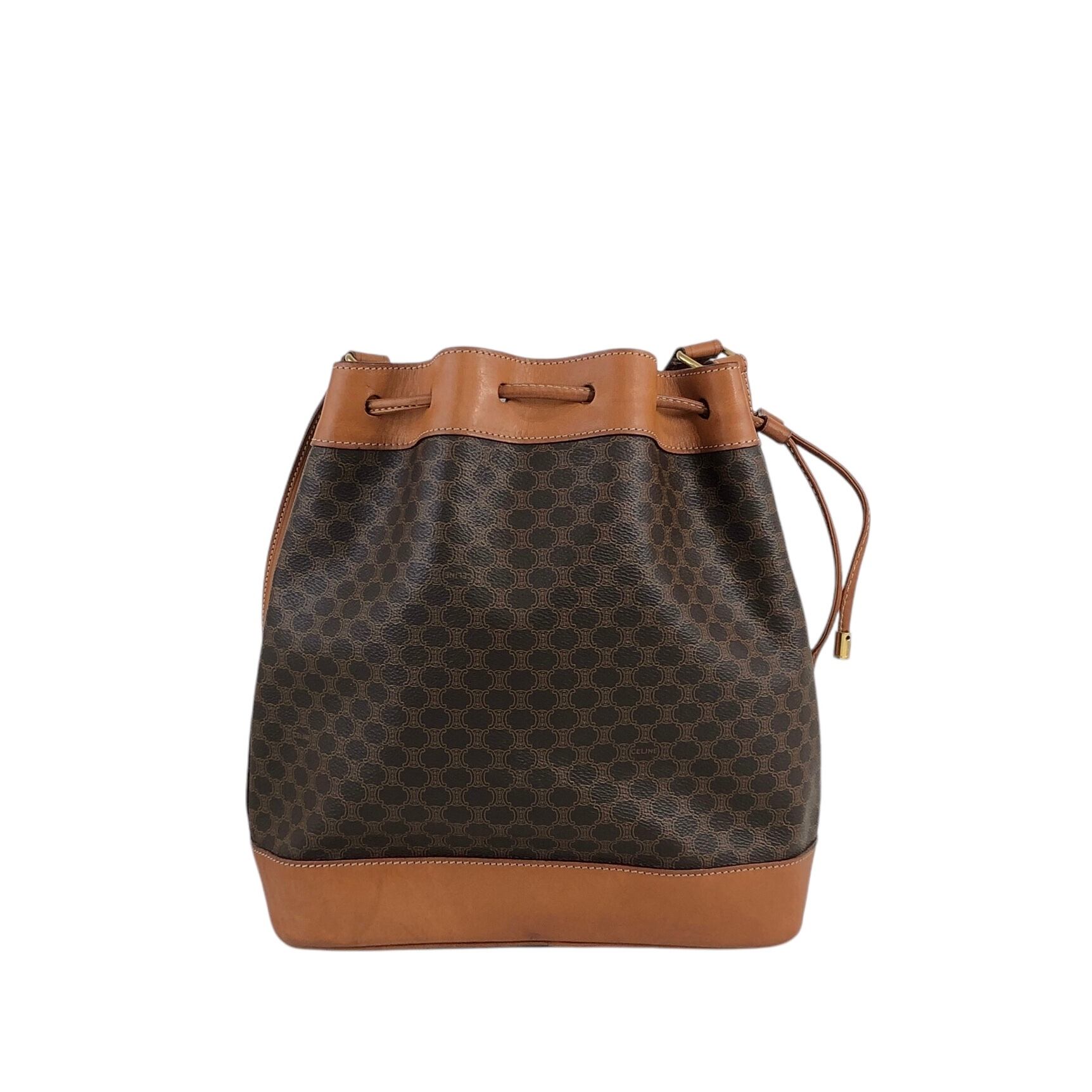 CELINE セリーヌ マカダム 巾着バッグ PVC レザー 茶系 ヴィンテージ CELINE セリーヌ マカダム ショルダーバッグ ブラウン PVC レザー 巾着